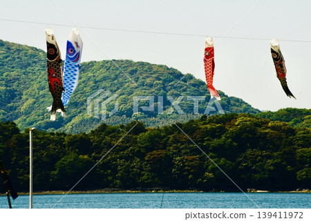 海面上游弋著鯉魚飄帶 海面上游弋著鯉魚飄帶 139411972
