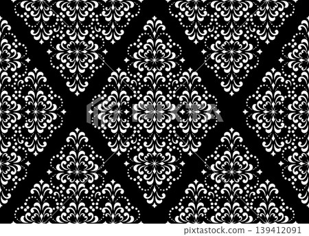 Flower geometric pattern. Seamless vector background. White and black ornament. Ornament for fabric, wallpaper, packaging. Decorative print. Flower geometric pattern. Seamless vector background. White and black ornament. Ornament for fabric, wallpaper, packaging. Decorative print. 139412091
