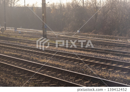 Extensive network of parallel railway tracks diverging and converging, showcasing robust transportation infrastructure and symbolizing future journeys and important path choices Extensive network of parallel railway tracks diverging and converging, showcasing robust transportation infrastructure and symbolizing future journeys and important path choices 139412452