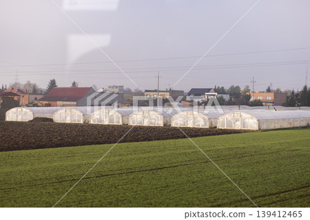 Row of modern white plastic greenhouses in an agricultural field with tilled earth and green crops, symbolizing sustainable farming and food production Row of modern white plastic greenhouses in an agricultural field with tilled earth and green crops, symbolizing sustainable farming and food production 139412465