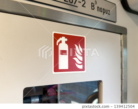 Red fire extinguisher sign with flame icon on a white wall, highlighting crucial emergency safety procedures and equipment availability in public transit Red fire extinguisher sign with flame icon on a white wall, highlighting crucial emergency safety procedures and equipment availability in public transit 139412504