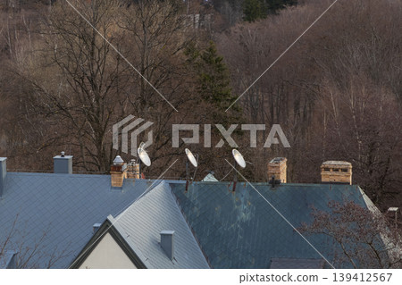 Residential grey roofs feature multiple satellite dishes and brick chimneys, symbolizing modern communication and home connectivity in a winter forest Residential grey roofs feature multiple satellite dishes and brick chimneys, symbolizing modern communication and home connectivity in a winter forest 139412567
