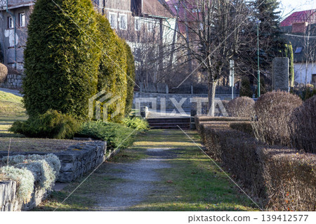 Peaceful garden path winding through lush evergreen trees and dormant hedges towards stone stairs, capturing suburban tranquility and natural outdoor landscaping 139412577
