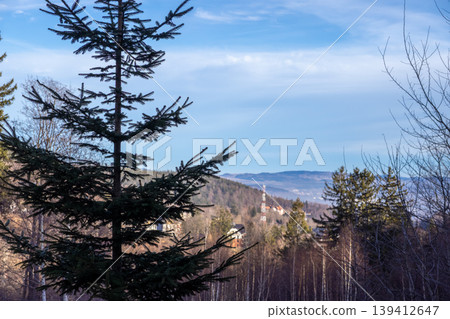 Tall evergreen tree frames wide natural landscape featuring distant mountains, a communication tower, and blue sky, symbolizing nature and modern technology Tall evergreen tree frames wide natural landscape featuring distant mountains, a communication tower, and blue sky, symbolizing nature and modern technology 139412647