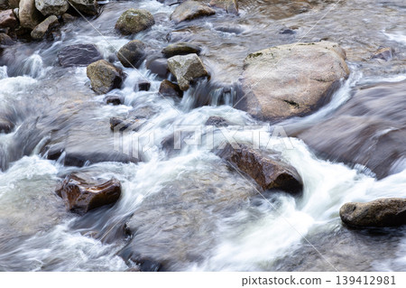 A powerful mountain stream rushes swiftly over varied river rocks, showcasing nature's dynamic, crystal-clear water flow and serene wilderness beauty A powerful mountain stream rushes swiftly over varied river rocks, showcasing nature's dynamic, crystal-clear water flow and serene wilderness beauty 139412981