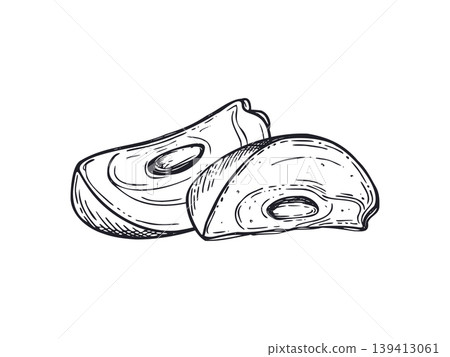 Hand drawn two pitted Persimmon slices. Monochrome graphic illustration of sliced fresh fruit. Healthy organic food and vegetarian ingredient for culinary menu and grocery design. Hand drawn two pitted Persimmon slices. Monochrome graphic illustration of sliced fresh fruit. Healthy organic food and vegetarian ingredient for culinary menu and grocery design. 139413061