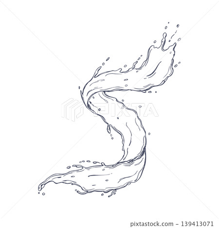 Water splash vector isolated illustration. Hand drawn spiral liquid wave, dynamic ripple and clean splashes. Flowing fluid motion design element for beverage advertisement, summer cafe menus. Water splash vector isolated illustration. Hand drawn spiral liquid wave, dynamic ripple and clean splashes. Flowing fluid motion design element for beverage advertisement, summer cafe menus. 139413071