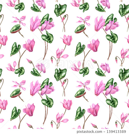 Watercolor seamless pattern with pink cyclamen flowers and green leaves. Botanical blossom illustration of spring floral ornate on isolated background. Hand drawn floral elements for textile design Watercolor seamless pattern with pink cyclamen flowers and green leaves. Botanical blossom illustration of spring floral ornate on isolated background. Hand drawn floral elements for textile design 139413389