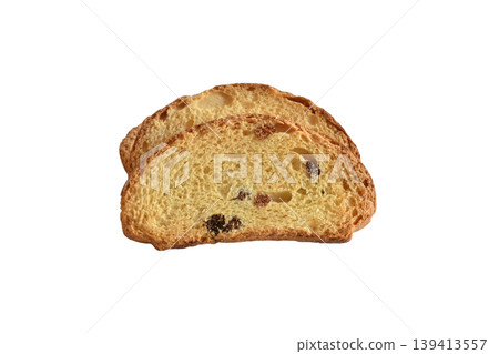 Slices of panettone, a traditional Italian sweet bread, often topped with raisins and candied fruit. Slices of panettone, a traditional Italian sweet bread, often topped with raisins and candied fruit. 139413557