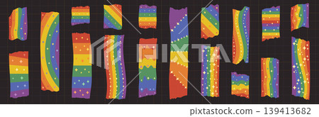 Rainbow pride washi tape with sparkles torn paper strips vector set, Lgbt groovy colorful masking tape pieces for scrapbooking, journaling and planner designs 139413682