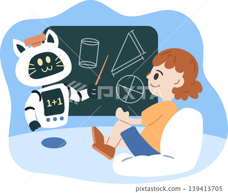 Cute AI cat robot teaching math geometry to kid at home illustration. Cute AI cat robot teaching math geometry to kid at home illustration. 139413705