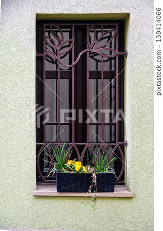 Window with flower boxes and metal bars is seen on a green wall during daytime 139414066