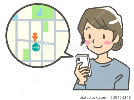一位女士使用 GPS 監控應用程式確認一位老人在她家附近後,感到安心。 一位女士使用 GPS 監控應用程式確認一位老人在她家附近後,感到安心。 139414346