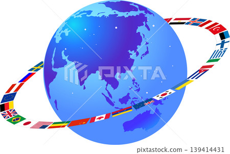 A circle of world flags surrounding the globe, primarily focusing on Asia and Oceania (vector illustration). A circle of world flags surrounding the globe, primarily focusing on Asia and Oceania (vector illustration). 139414431