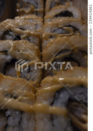 Close up of tempura shrimp sushi 139414861