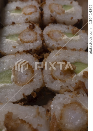 Close up of tempura shrimp sushi 139414863