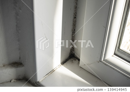 Dirty corner of plastic window covered with black mold Dirty corner of plastic window covered with black mold 139414945