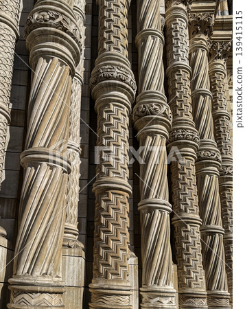 Ornate Carved Stone Columns With Spiral and Chevron Patterns Natural History Museum Exterior, London, UK Ornate Carved Stone Columns With Spiral and Chevron Patterns Natural History Museum Exterior, London, UK 139415115