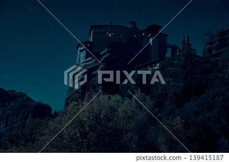 Rusanu Monastery in Meteora at night, Greece Rusanu Monastery in Meteora at night, Greece 139415187