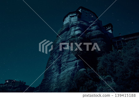 Rusanu Monastery in Meteora at night, Greece Rusanu Monastery in Meteora at night, Greece 139415188