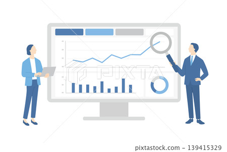 Business professionals performing data analysis while looking at a monitor dashboard. Business professionals performing data analysis while looking at a monitor dashboard. 139415329