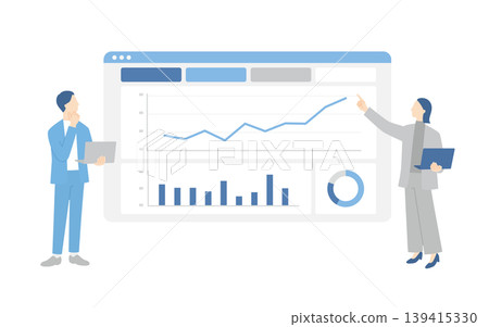 Business professionals performing data analysis while viewing browser dashboards. Business professionals performing data analysis while viewing browser dashboards. 139415330
