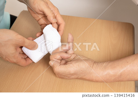 A doctor bandaging an injured finger. 139415416