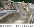 A weathered concrete slide winds like a smooth, gray ribbon down the rugged embankment, its undulating curves flanked by an array of rough-hewn, sun-bleached stones. This humble, hand-crafted path des 139415518