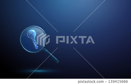 3d digital key under magnifying glass. Security inspection, access verification, cybersecurity monitoring, system protection assessment, digital access control concept 3d digital key under magnifying glass. Security inspection, access verification, cybersecurity monitoring, system protection assessment, digital access control concept 139415666