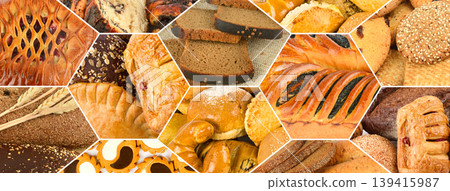 Extensive bakery product collage featuring bread, pastries, and cookies. Extensive bakery product collage featuring bread, pastries, and cookies. 139415987