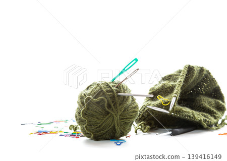 flat lay knitting tools with yarn and craft equipment flat lay knitting tools with yarn and craft equipment 139416149