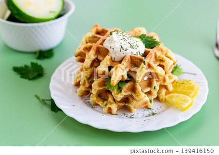 golden zucchini waffles served with creamy sauce and lemon slices 139416150