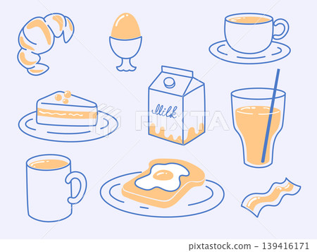 Coquette breakfast in blue and yellow sketch color set. Cute italian food as lemon, croissant, pancakes and butter with coffee cup as warm brunch meal. Vintage cafe menu art for bakery, restaurant 139416171