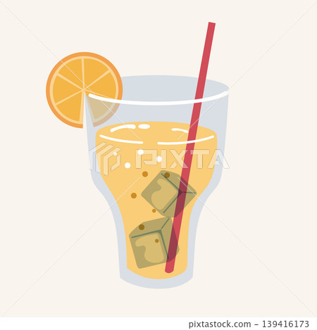 Refreshing glass of lemonade with lemon slices, mint leaves, ice cubes, and a straw in flat cartoon style. Summer drink concept isolated on white. Vector illustration Refreshing glass of lemonade with lemon slices, mint leaves, ice cubes, and a straw in flat cartoon style. Summer drink concept isolated on white. Vector illustration 139416173