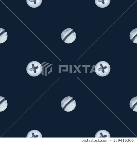 Seamless watercolor pattern with a variety of metallic nail caps, screws and bolts. The hand painted industrial design on a deep navy blue background. Perfect for masculine branding, DIY workshop Seamless watercolor pattern with a variety of metallic nail caps, screws and bolts. The hand painted industrial design on a deep navy blue background. Perfect for masculine branding, DIY workshop 139416306