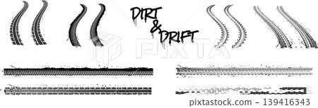 Grunge tire tracks collection. Black wheel prints, dirt splatters and drift text. Offroad vehicle marks isolated on white Grunge tire tracks collection. Black wheel prints, dirt splatters and drift text. Offroad vehicle marks isolated on white 139416343