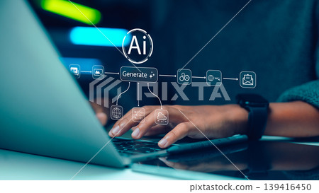 Concept of artificial intelligence technology, machine learning and digital innovation.Hands of person using laptop computer with AI generate icon and workflow symbols on virtual screen. 139416450