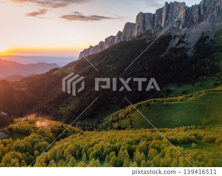 Above drone view of national park Bolshoy Tkhach mountain in Caucasus with sunset sunlight 139416511
