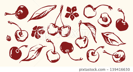 Cherry hand drawn ink line sketches set with berries, leaves and flowers Cherry hand drawn ink line sketches set with berries, leaves and flowers 139416630