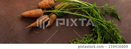 Fresh carrots with green tops are arranged on a brown surface. They show dirt from the ground, indicating they are just harvested. The roots are orange and slightly twisted, banner Fresh carrots with green tops are arranged on a brown surface. They show dirt from the ground, indicating they are just harvested. The roots are orange and slightly twisted, banner 139416809