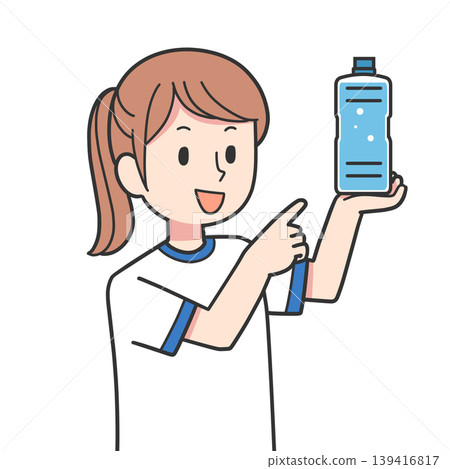 一名女子指著一個塑膠瓶。 一名女子指著一個塑膠瓶。 139416817