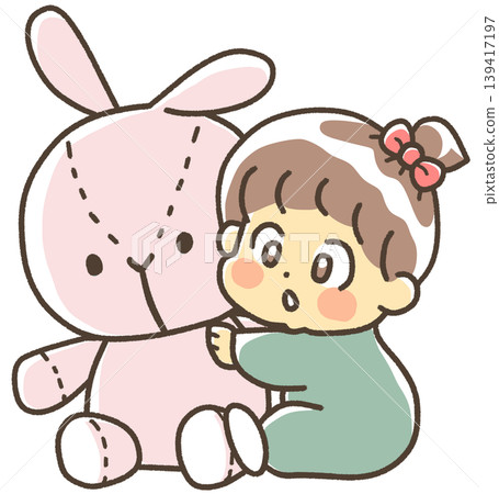 A baby hugging a large rabbit plush toy. A baby hugging a large rabbit plush toy. 139417197