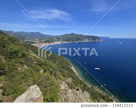 Riva Trigoso Beach view from punta manara trail Riva Trigoso Beach view from punta manara trail 139417213