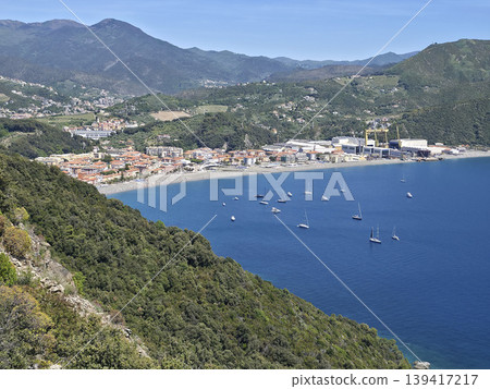 Riva Trigoso Beach view from punta manara trail Riva Trigoso Beach view from punta manara trail 139417217