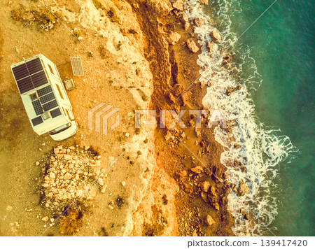 Rv caravan on spanish coast. Aerial view 139417420