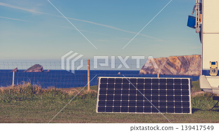 Solar photovoltaic panel at caravan on coast 139417549
