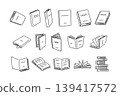 Book illustration set, line art, hand-drawn style, various angles. 139417572