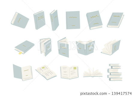 Book illustration set, no lines, flat design, various angles. Book illustration set, no lines, flat design, various angles. 139417574