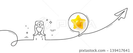Oculist doctor line icon. Continuous line with share plane. Health eye sign. Optometry clinic symbol. 3d star in speech bubble. Oculist doctor single line ribbon. Loop curve pattern. Vector Oculist doctor line icon. Continuous line with share plane. Health eye sign. Optometry clinic symbol. 3d star in speech bubble. Oculist doctor single line ribbon. Loop curve pattern. Vector 139417641