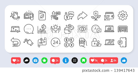 Report timer, Phone message and Qr code line icons pack. Social media: share, comment, like icons. Canister, Technical documentation, Bid offer web icon. Vector 139417643